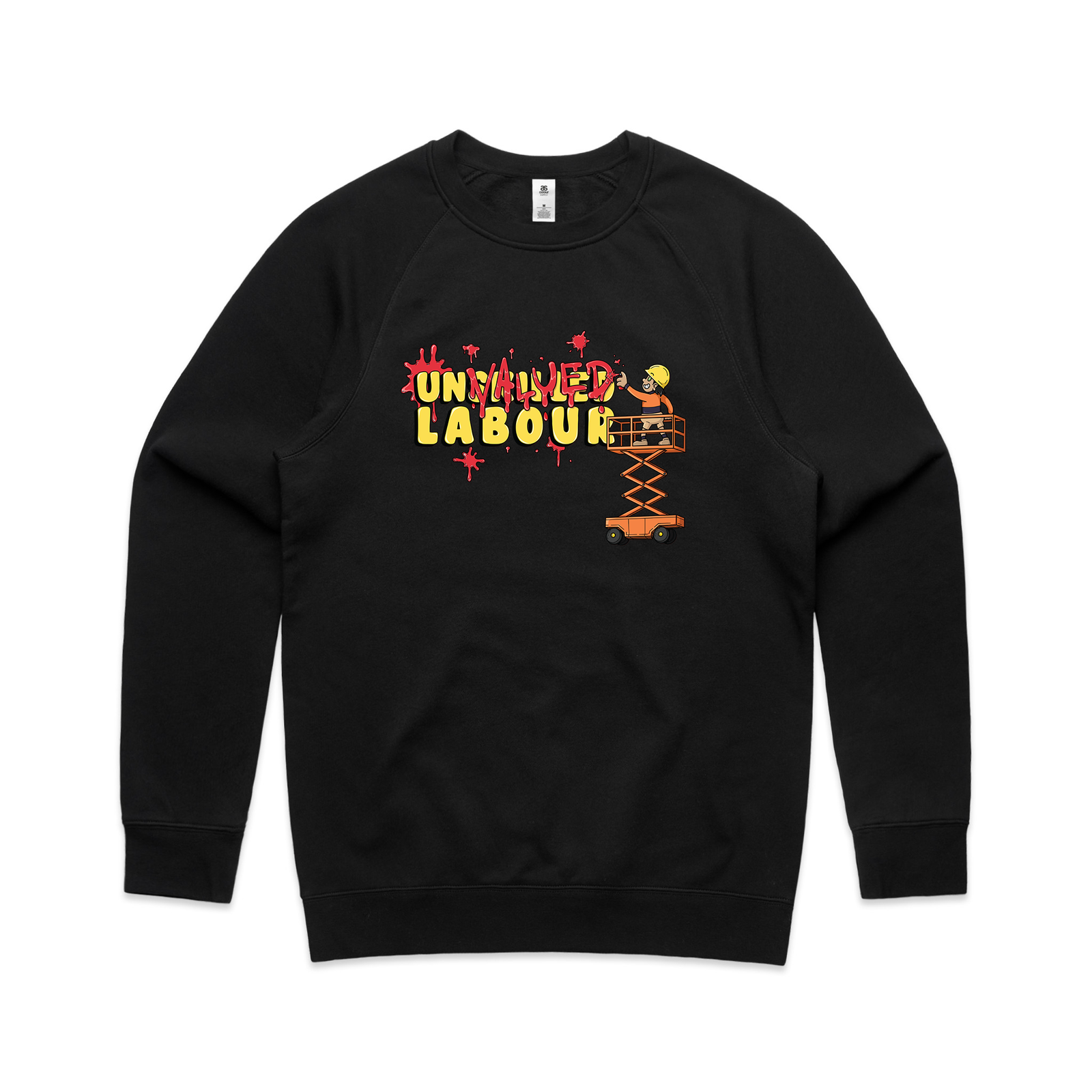 Black regular jumper with Unvalued Labour Jumper graphic by Lonely Kids Club