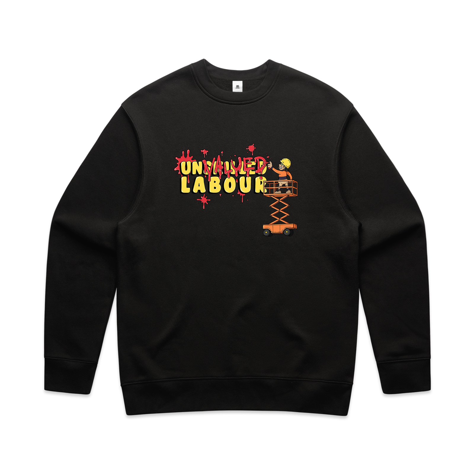 Black oversized jumper with Unvalued Labour Jumper graphic by Lonely Kids Club