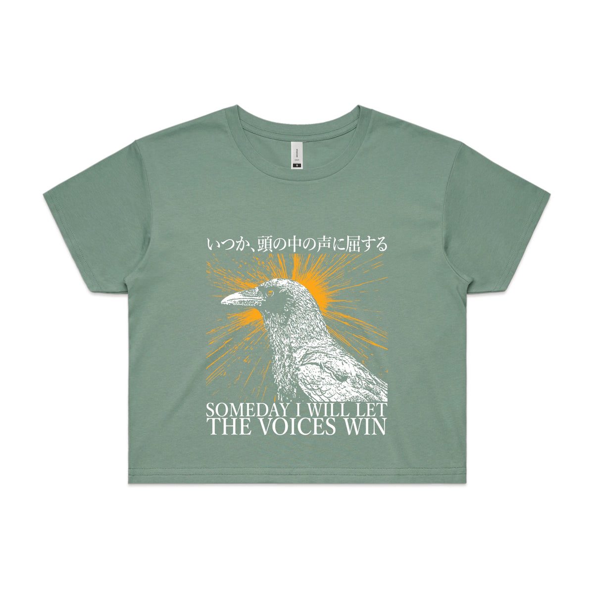 Sage crop top with Let The Voices Win graphic by Lonely Kids Club