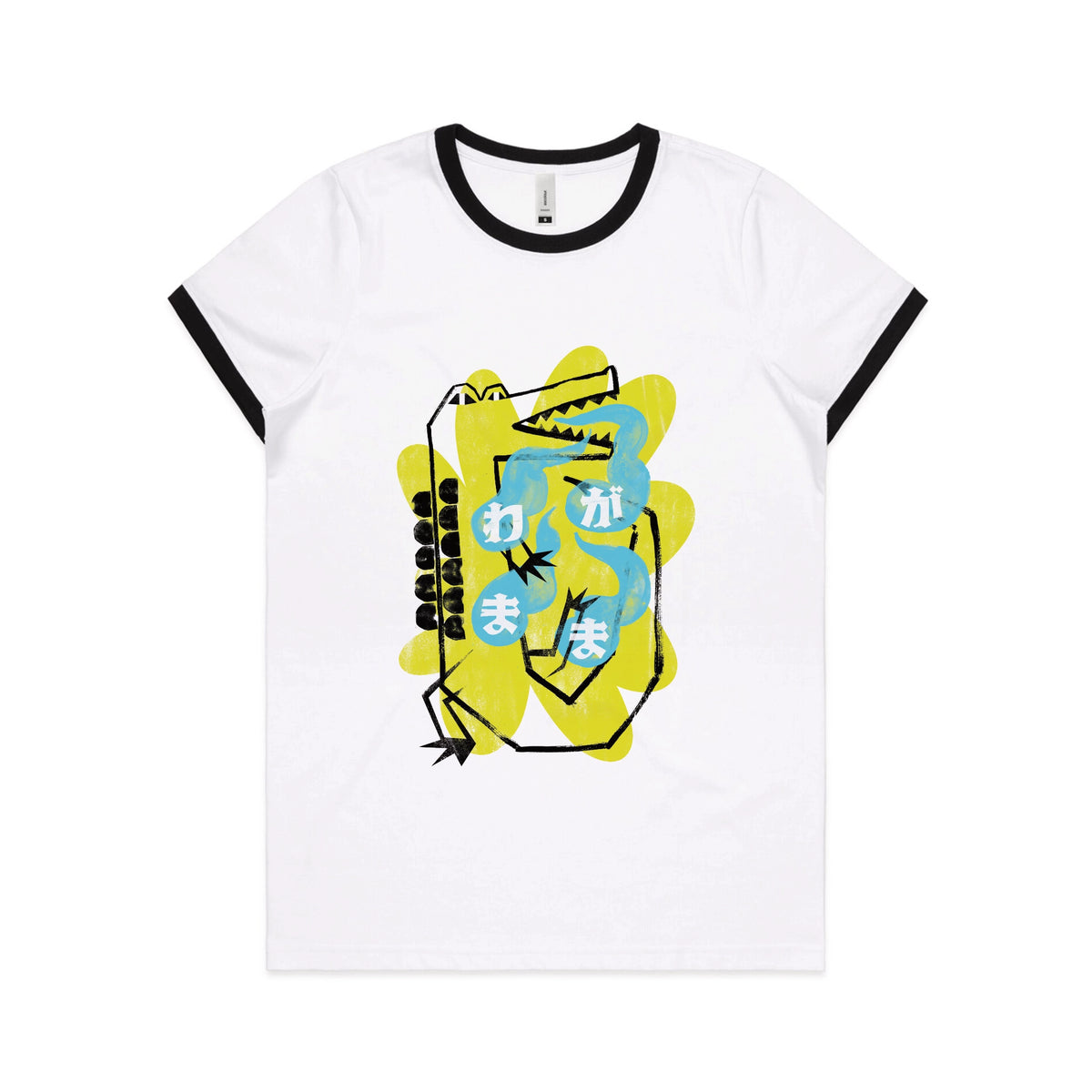 Black/White Ringer fitted womens t-shirt with Wagamama graphic by Lonely Kids Club