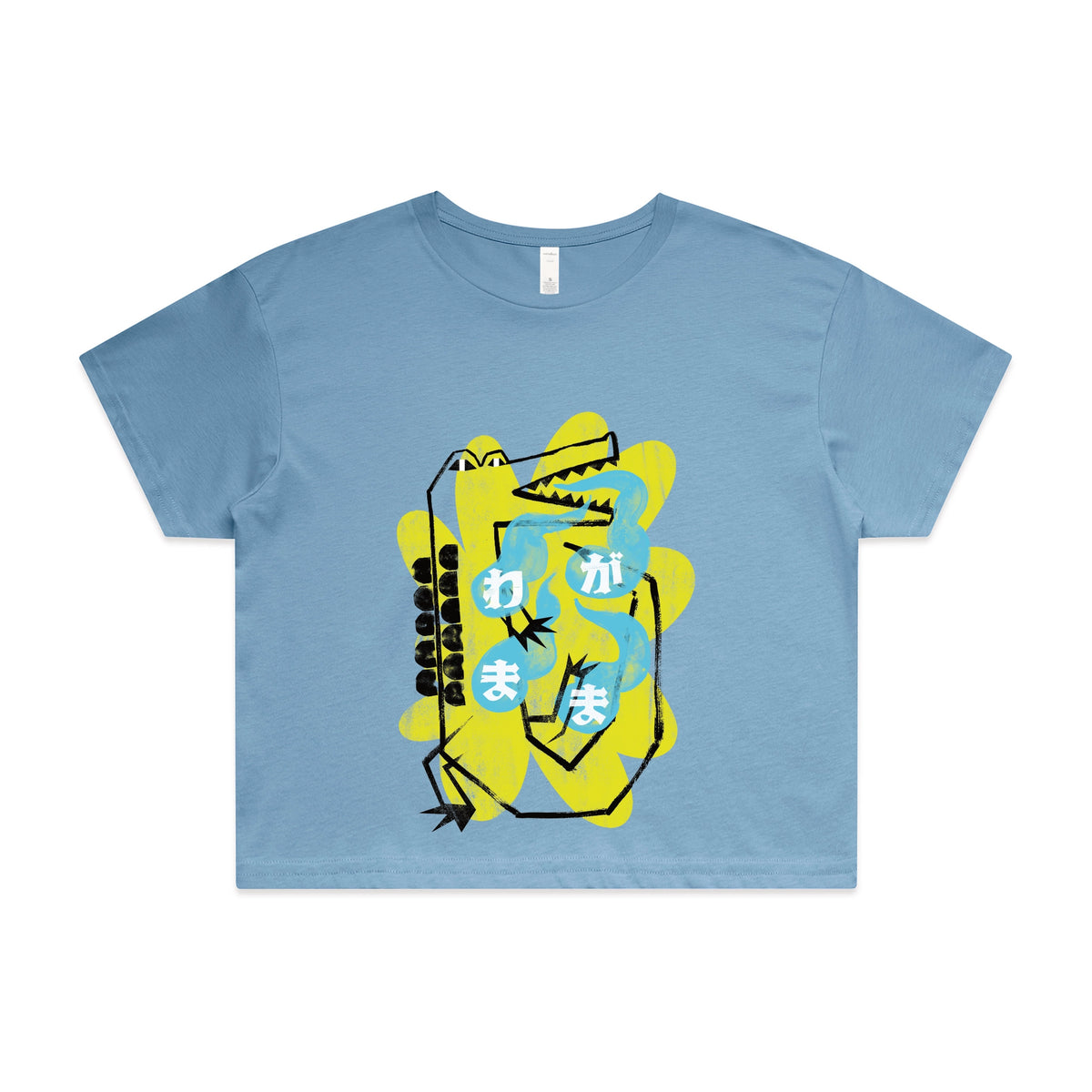 Carolina Blue crop top with Wagamama graphic by Lonely Kids Club
