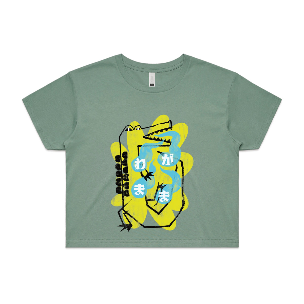 Sage crop top with Wagamama graphic by Lonely Kids Club