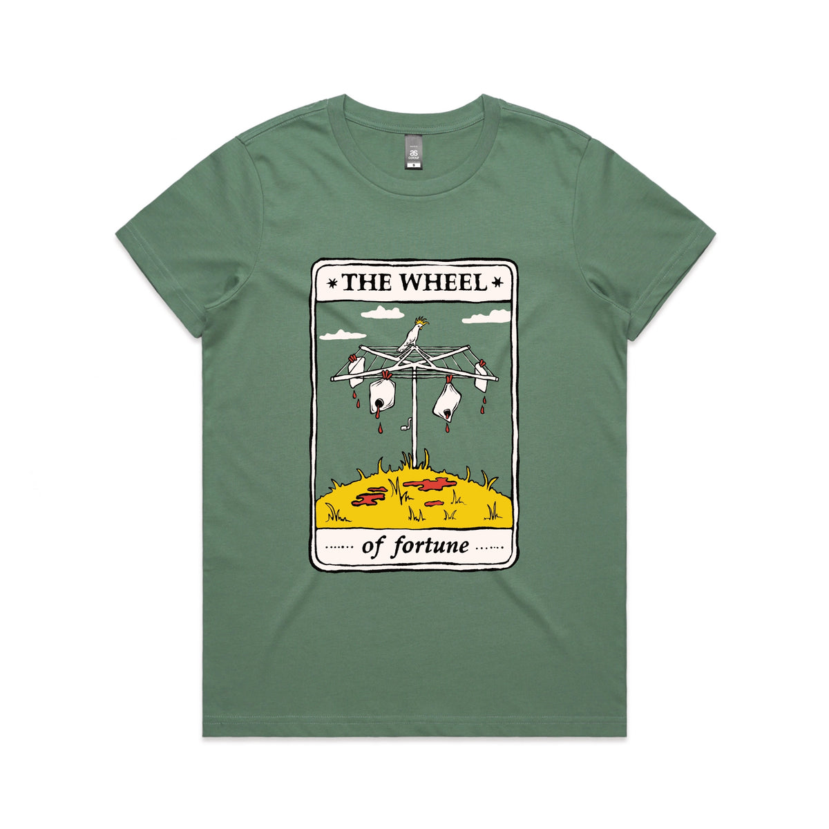 Sage fitted womens t-shirt with The Wheel Tarot graphic by Lonely Kids Club