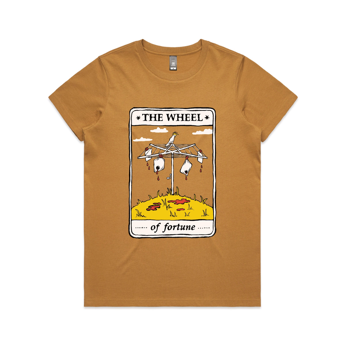 Camel fitted womens t-shirt with The Wheel Tarot graphic by Lonely Kids Club