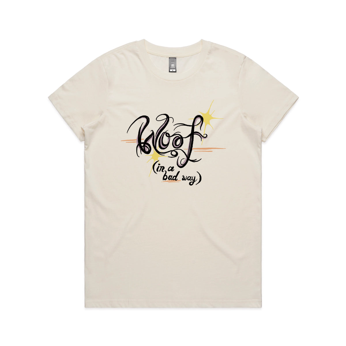 Ecru fitted womens t-shirt with Woof graphic by Lonely Kids Club