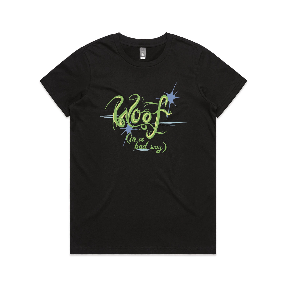 Black fitted womens t-shirt with Woof graphic by Lonely Kids Club