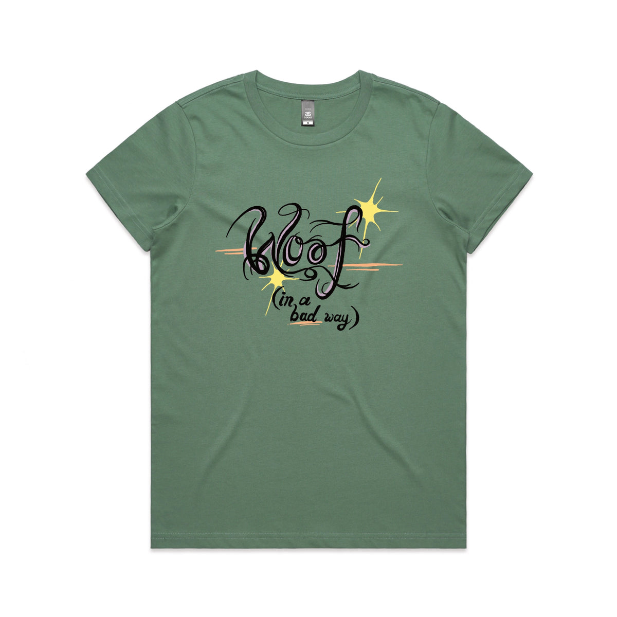 Sage fitted womens t-shirt with Woof graphic by Lonely Kids Club