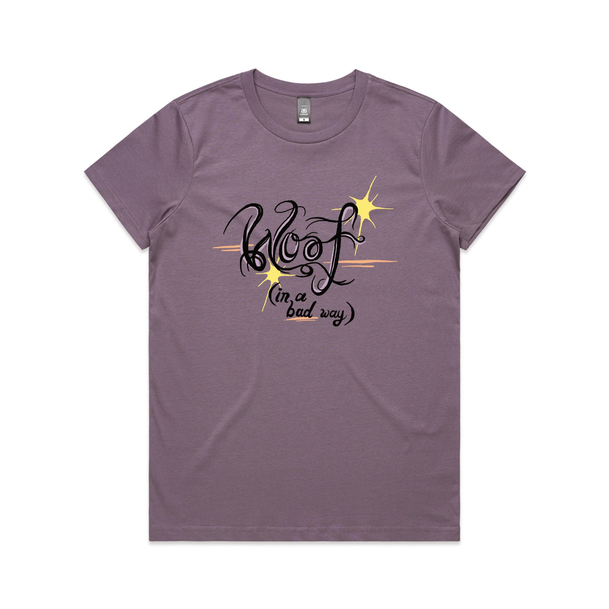 Mauve fitted womens t-shirt with Woof graphic by Lonely Kids Club