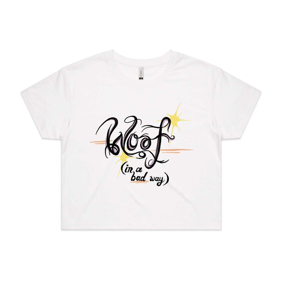 White crop top with Woof graphic by Lonely Kids Club
