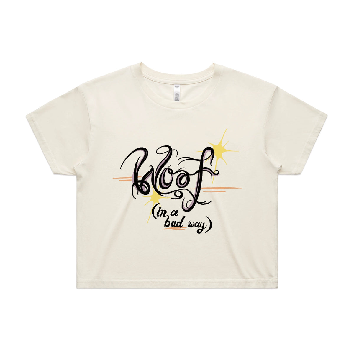 Ecru crop top with Woof graphic by Lonely Kids Club