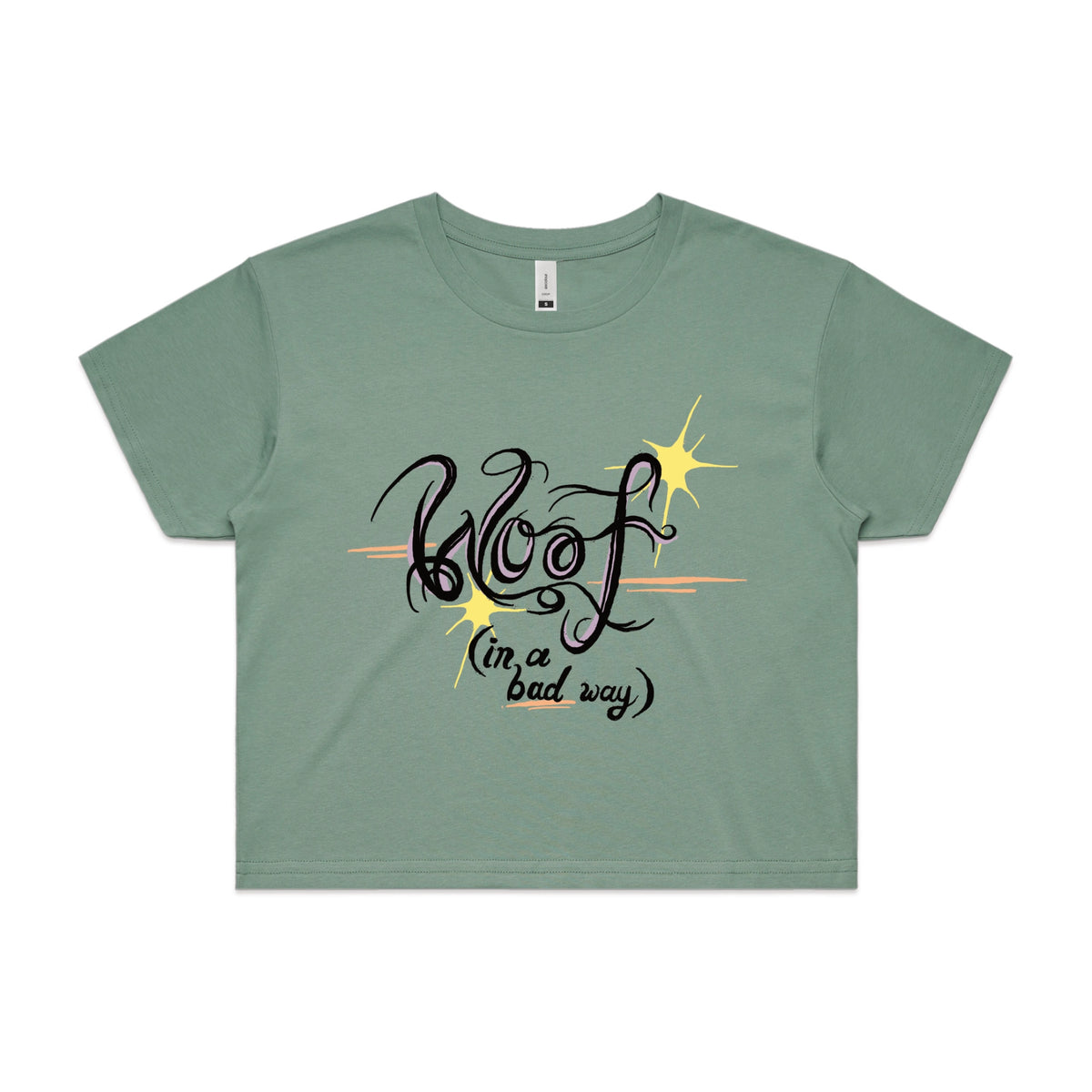 Sage crop top with Woof graphic by Lonely Kids Club