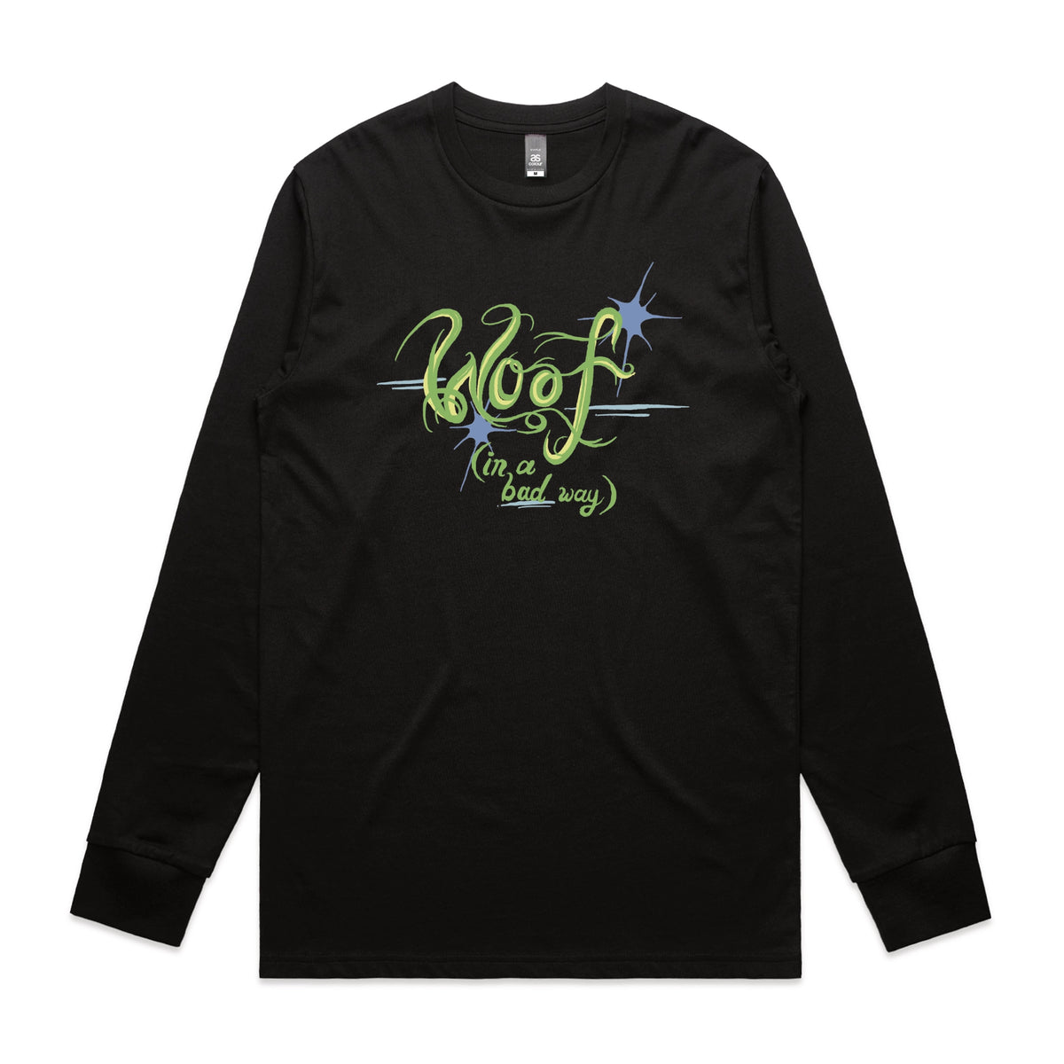 Black long sleeve t-shirt with Woof graphic by Lonely Kids Club