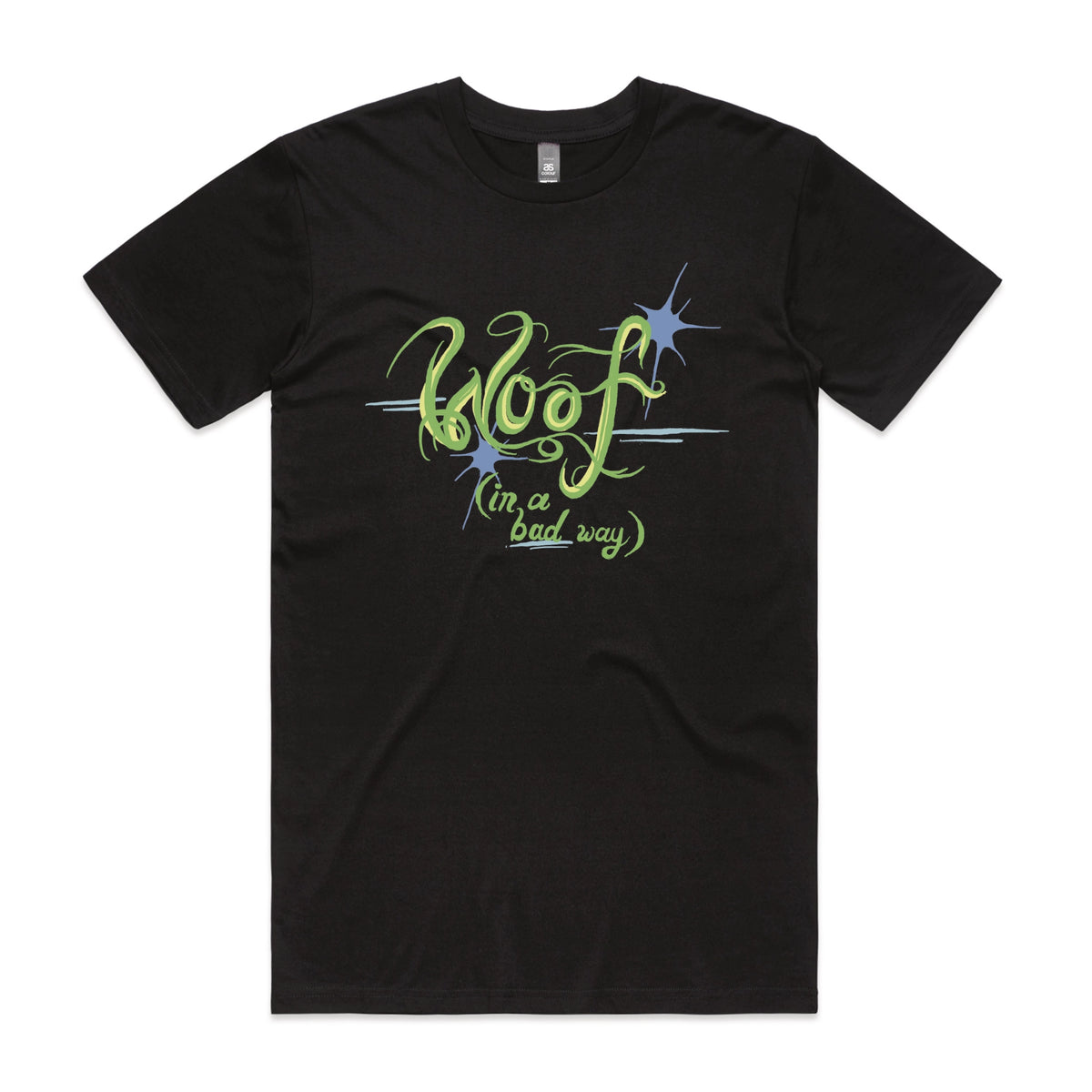 Black unisex t-shirt with Woof graphic by Lonely Kids Club