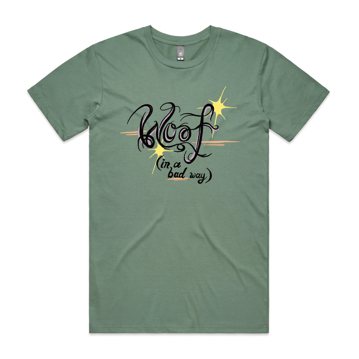 Sage unisex t-shirt with Woof graphic by Lonely Kids Club