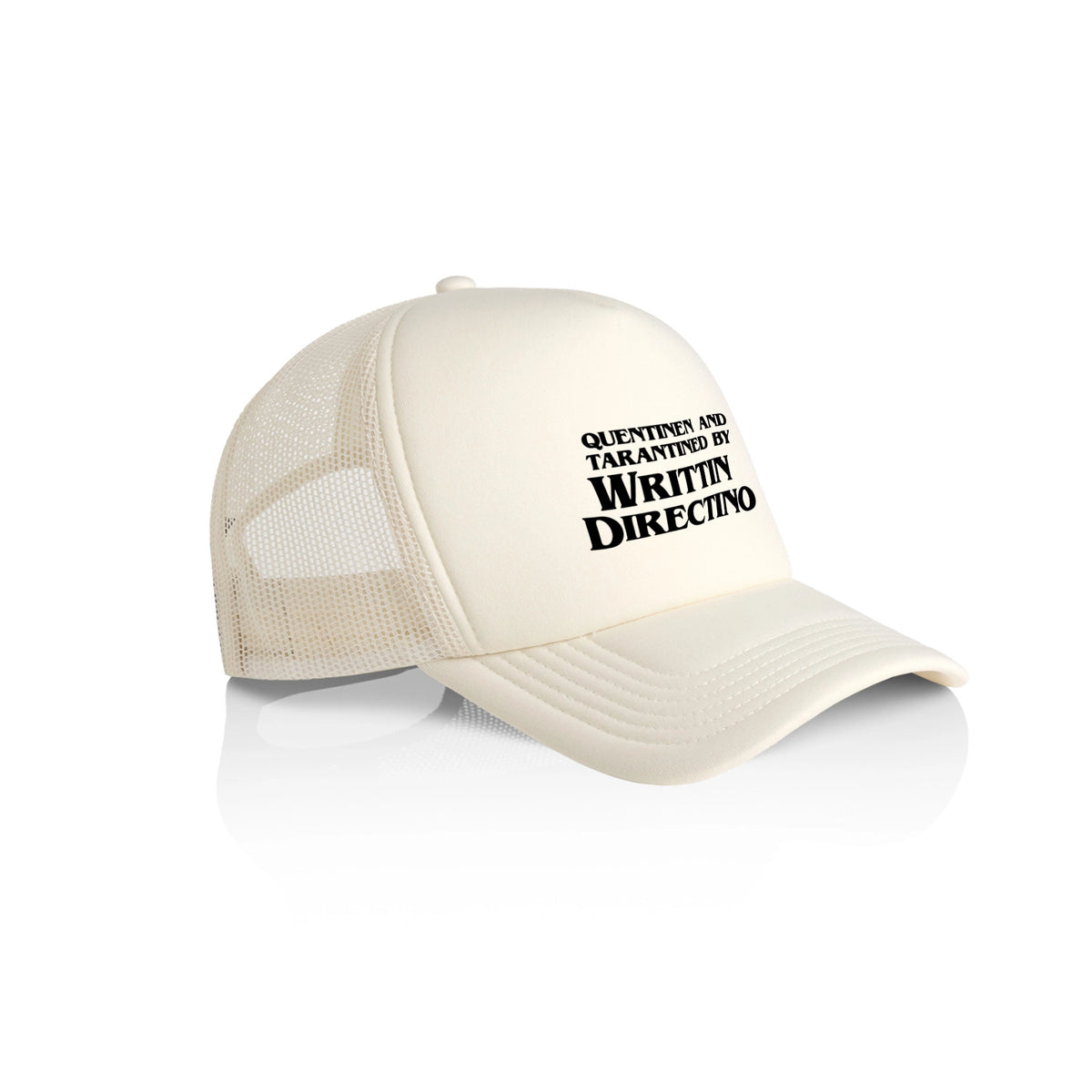 Ecru trucker cap with Writtin Directino Hat graphic by Lonely Kids Club