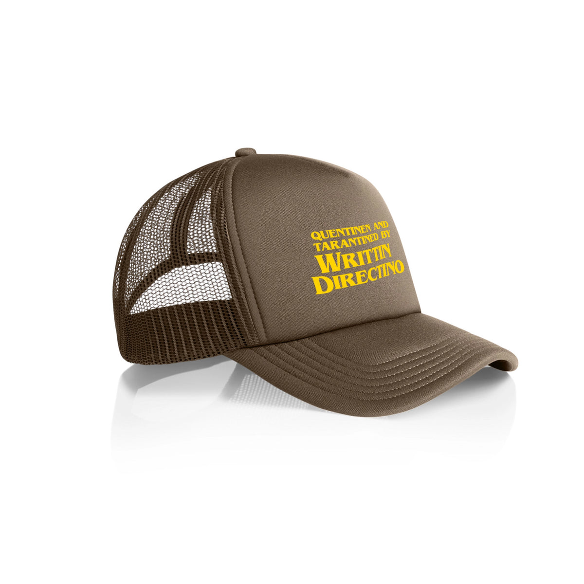 Walnut trucker cap with Writtin Directino Hat graphic by Lonely Kids Club
