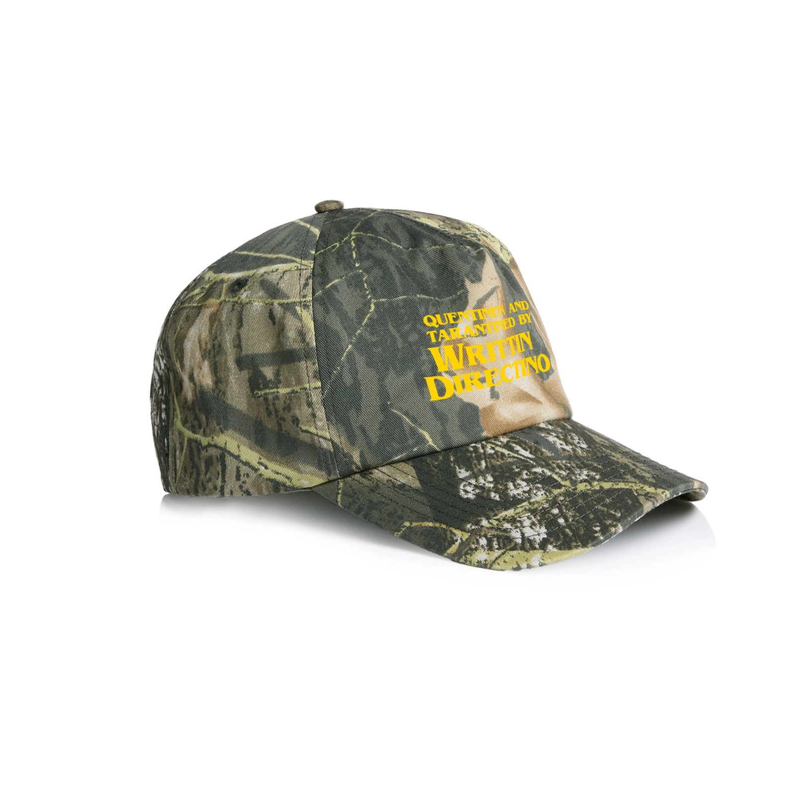 Camouflage trucker cap with Writtin Directino Hat graphic by Lonely Kids Club