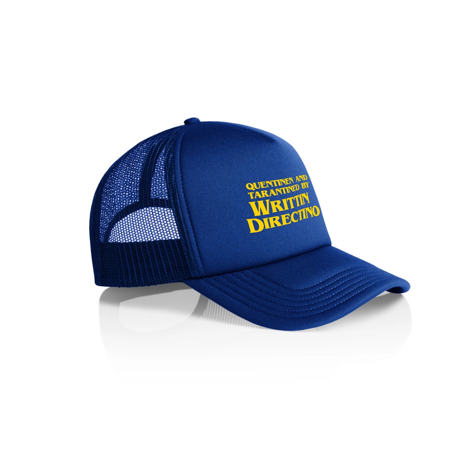 Royal Blue trucker cap with Writtin Directino Hat graphic by Lonely Kids Club