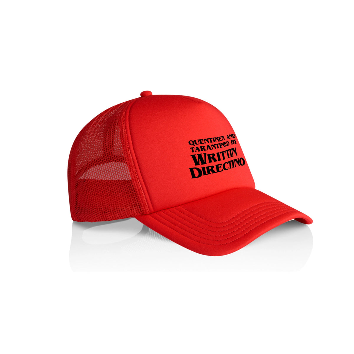 Red trucker cap with Writtin Directino Hat graphic by Lonely Kids Club