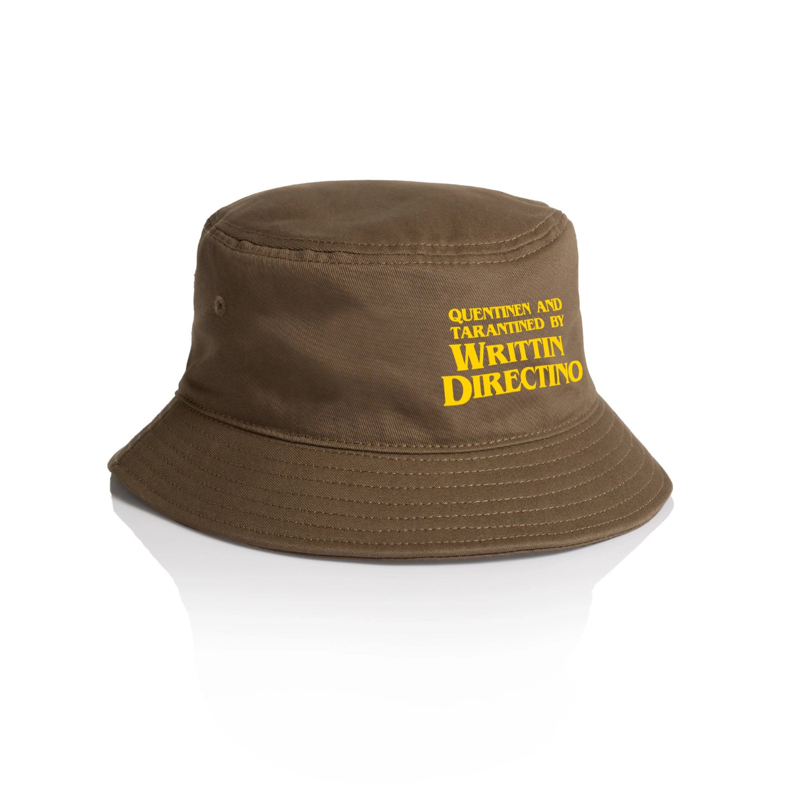 Walnut bucket hat with Writtin Directino Hat graphic by Lonely Kids Club