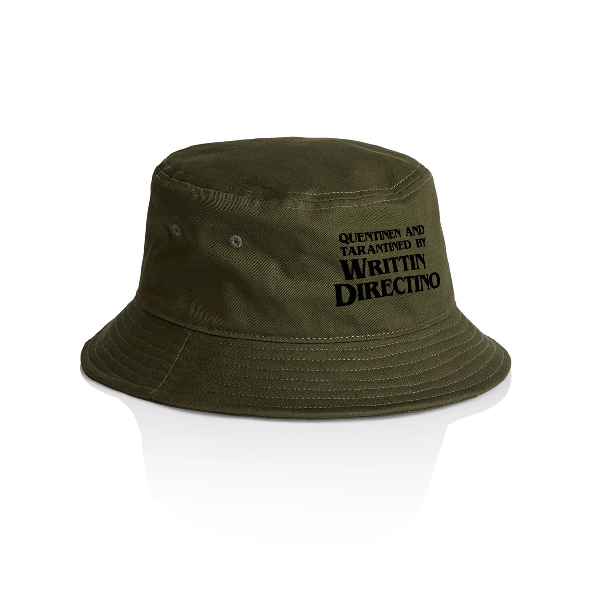 Army bucket hat with Writtin Directino Hat graphic by Lonely Kids Club