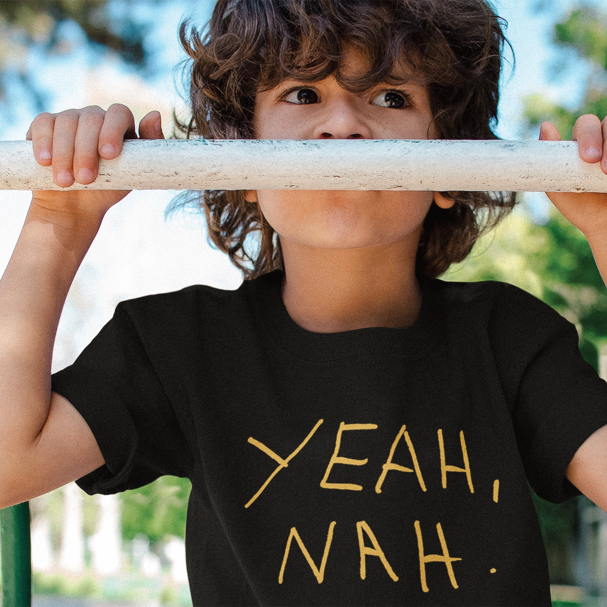 Black kids t-shirt with Yeah Nah Kids graphic by Lonely Kids Club