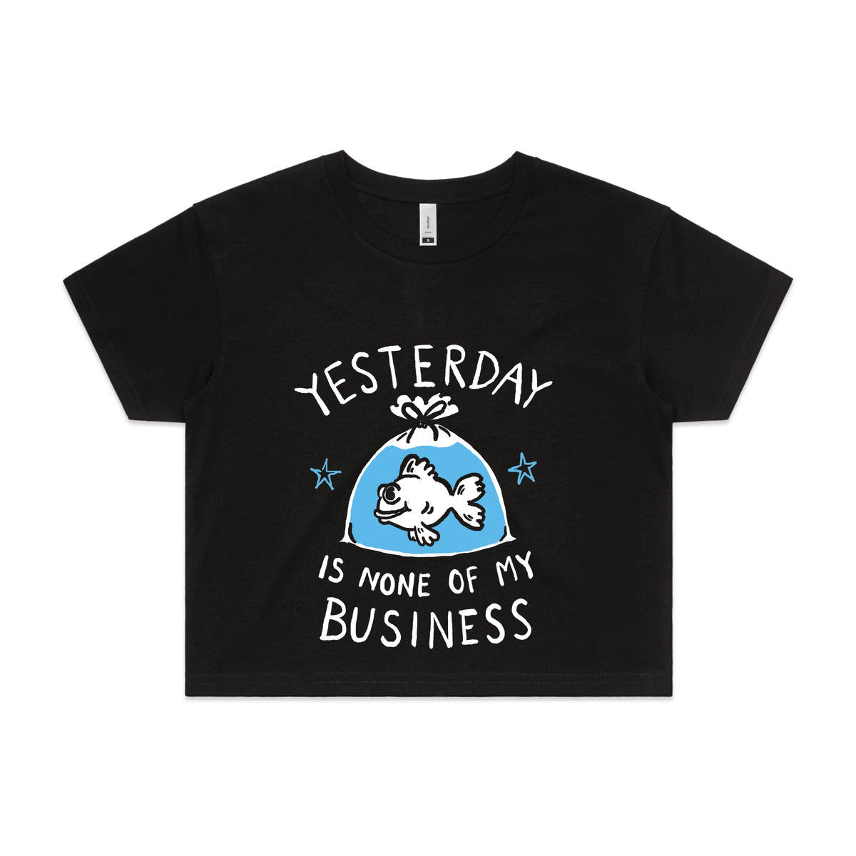 Black crop top with Yesterday graphic by Lonely Kids Club