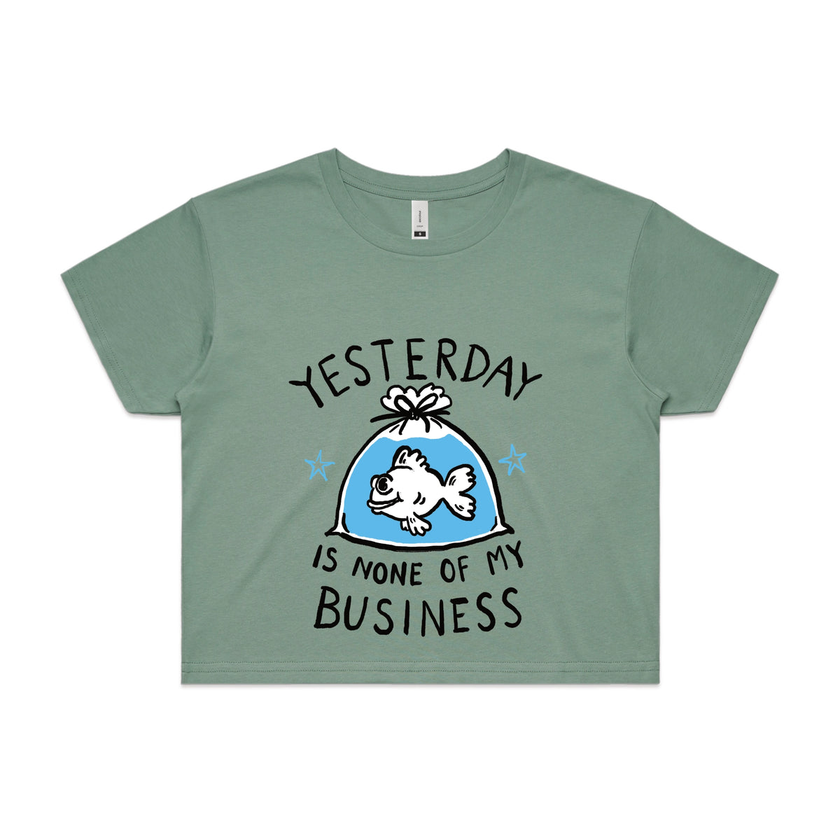 Sage crop top with Yesterday graphic by Lonely Kids Club