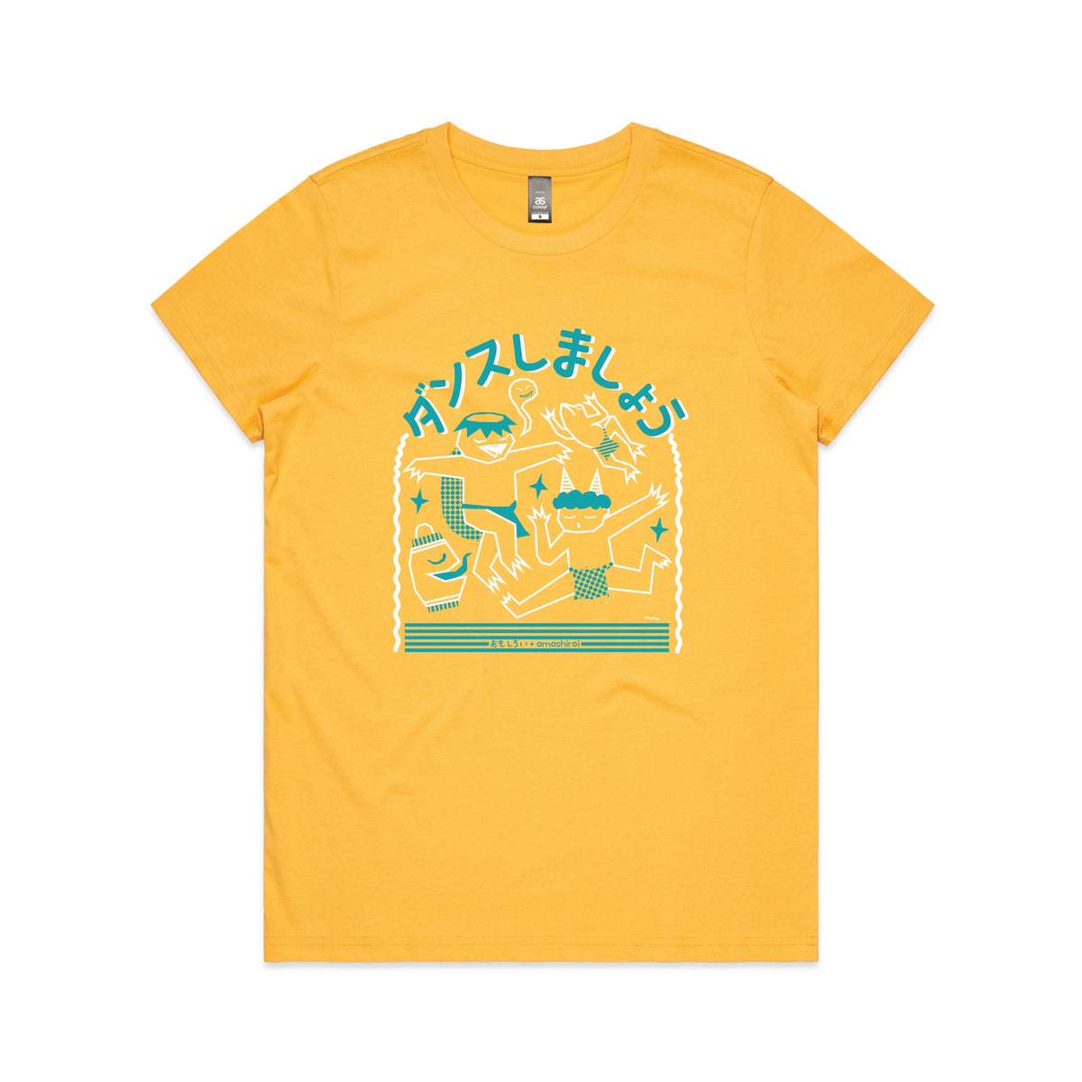 Yellow fitted womens t-shirt with Yokai Dance graphic by Lonely Kids Club
