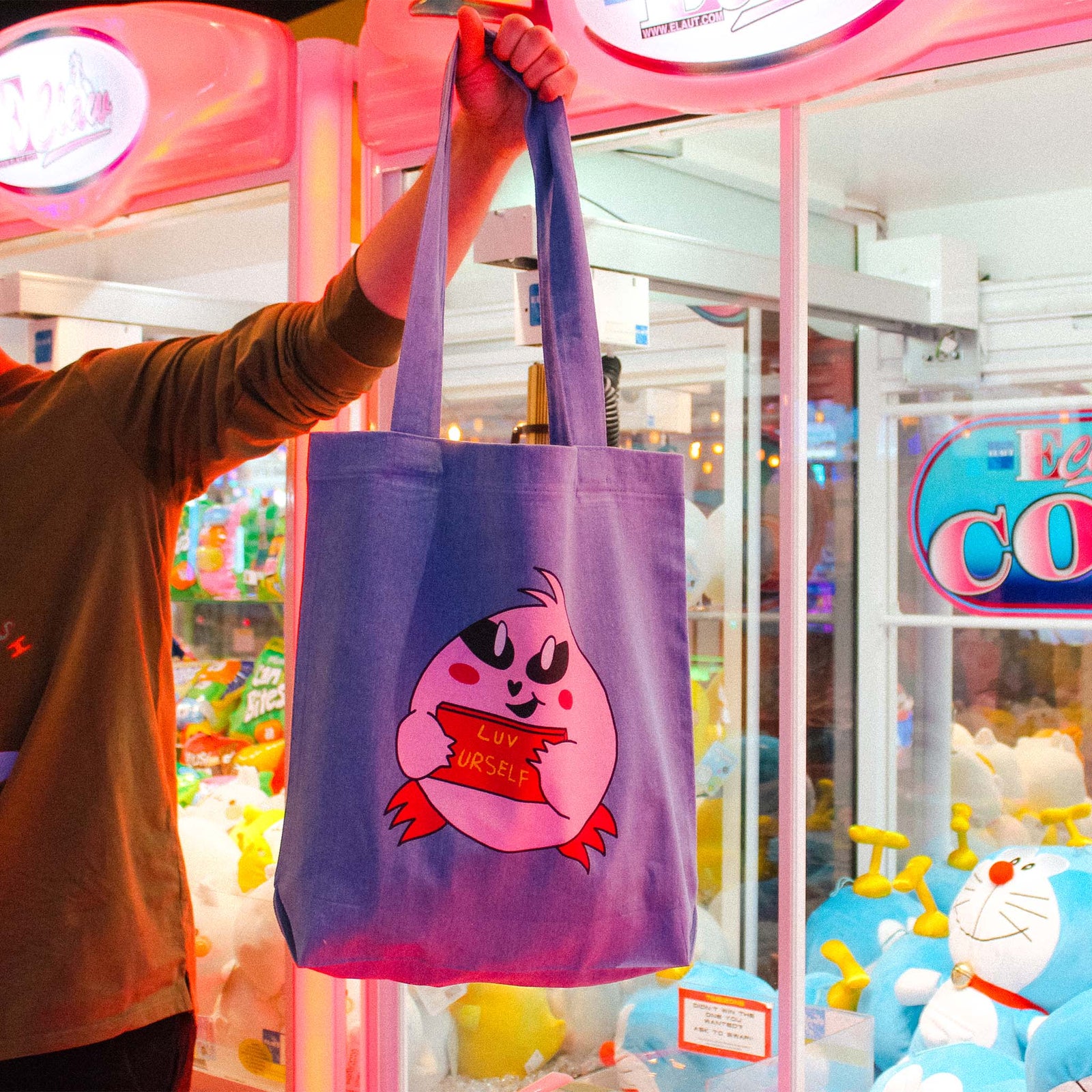Denim carrie tote with Luv Yourself Tote graphic by Lonely Kids Club
