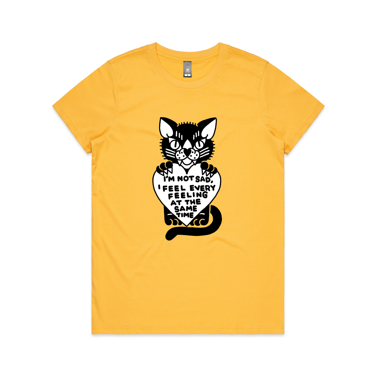 Yellow fitted womens t-shirt with All Feelings graphic by Lonely Kids Club