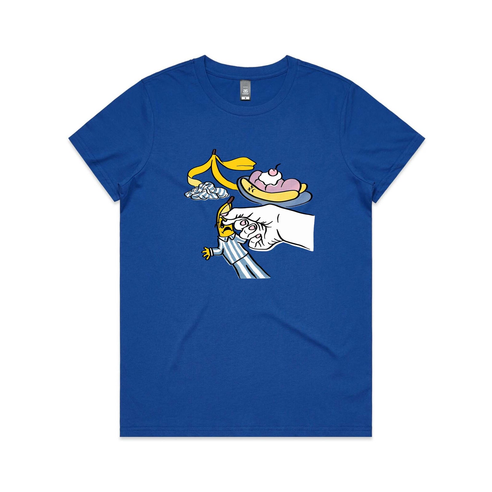 Royal Blue fitted womens t-shirt with Bananas In Pyjamas graphic by Lonely Kids Club