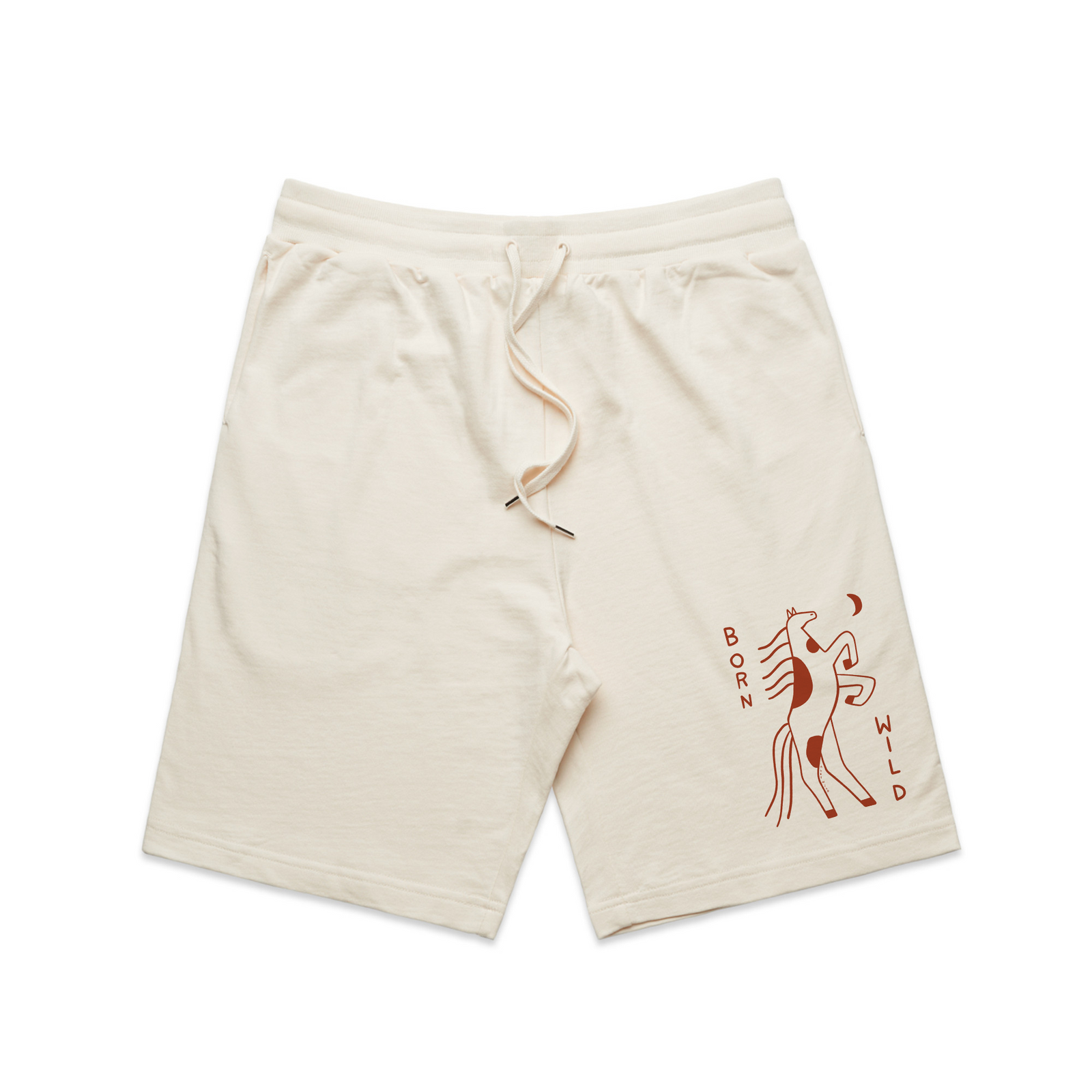 Ecru regular heavy shorts with Born Wild Shorts graphic by Lonely Kids Club