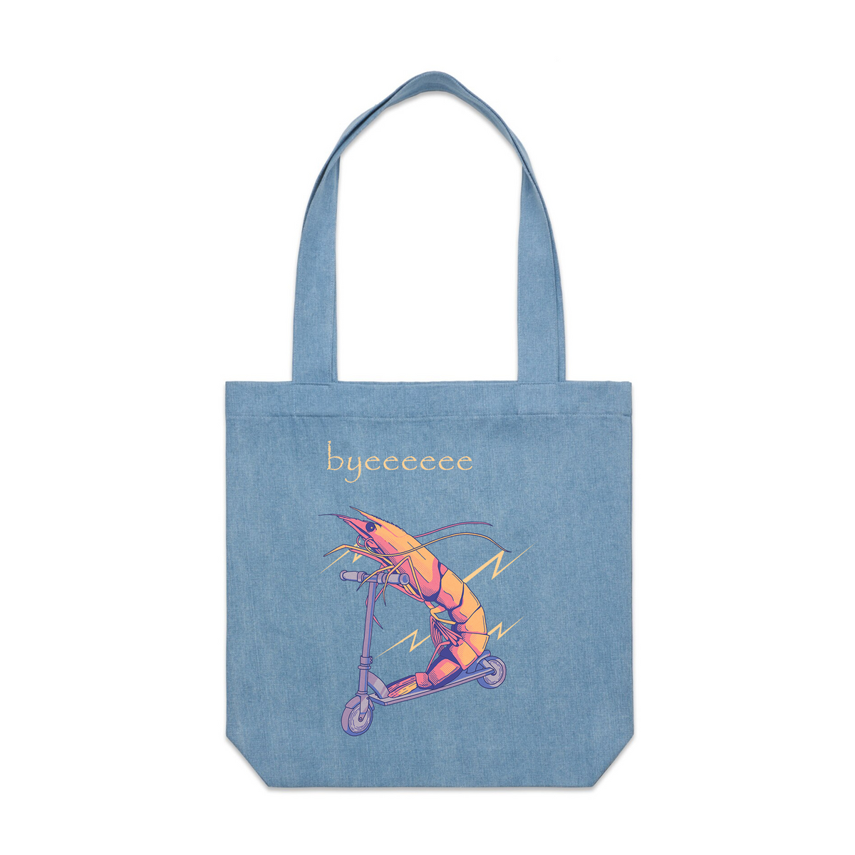 Denim carrie tote with Byeeeeee Tote graphic by Lonely Kids Club