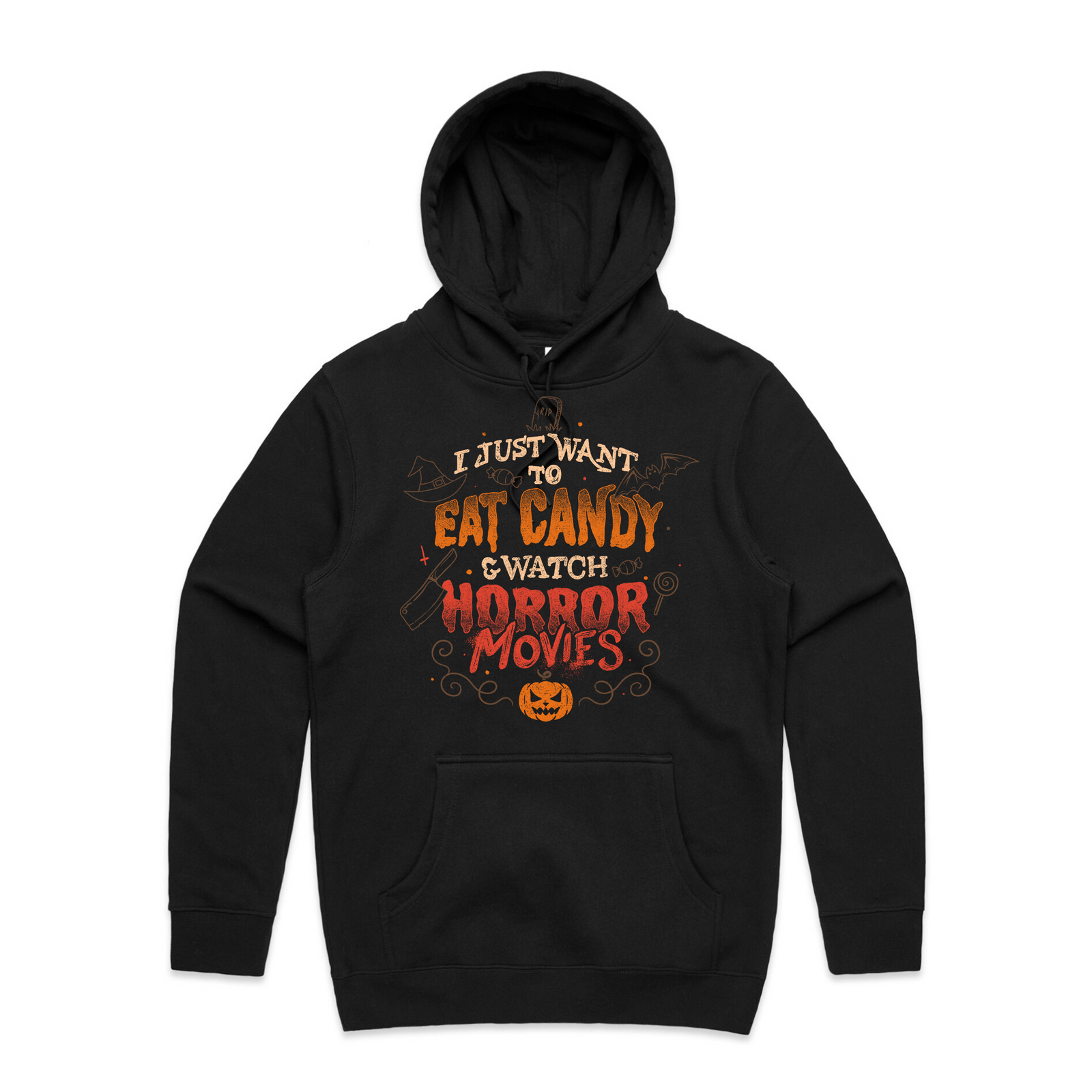 Black regular hoodie with Candy & Horror Movies Hoodie graphic by Lonely Kids Club
