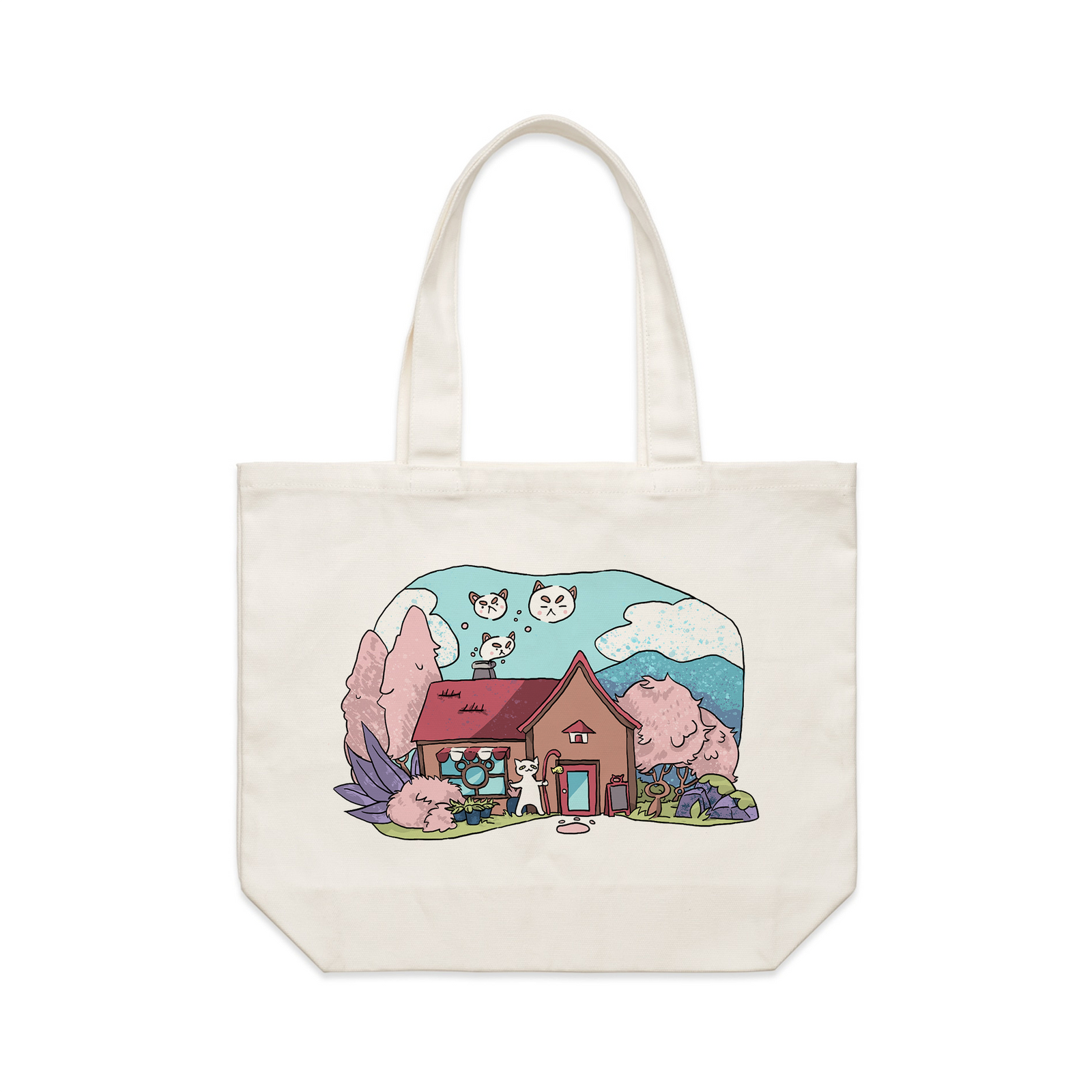 Cream shoulder tote with Cat Cafe Tote graphic by Lonely Kids Club
