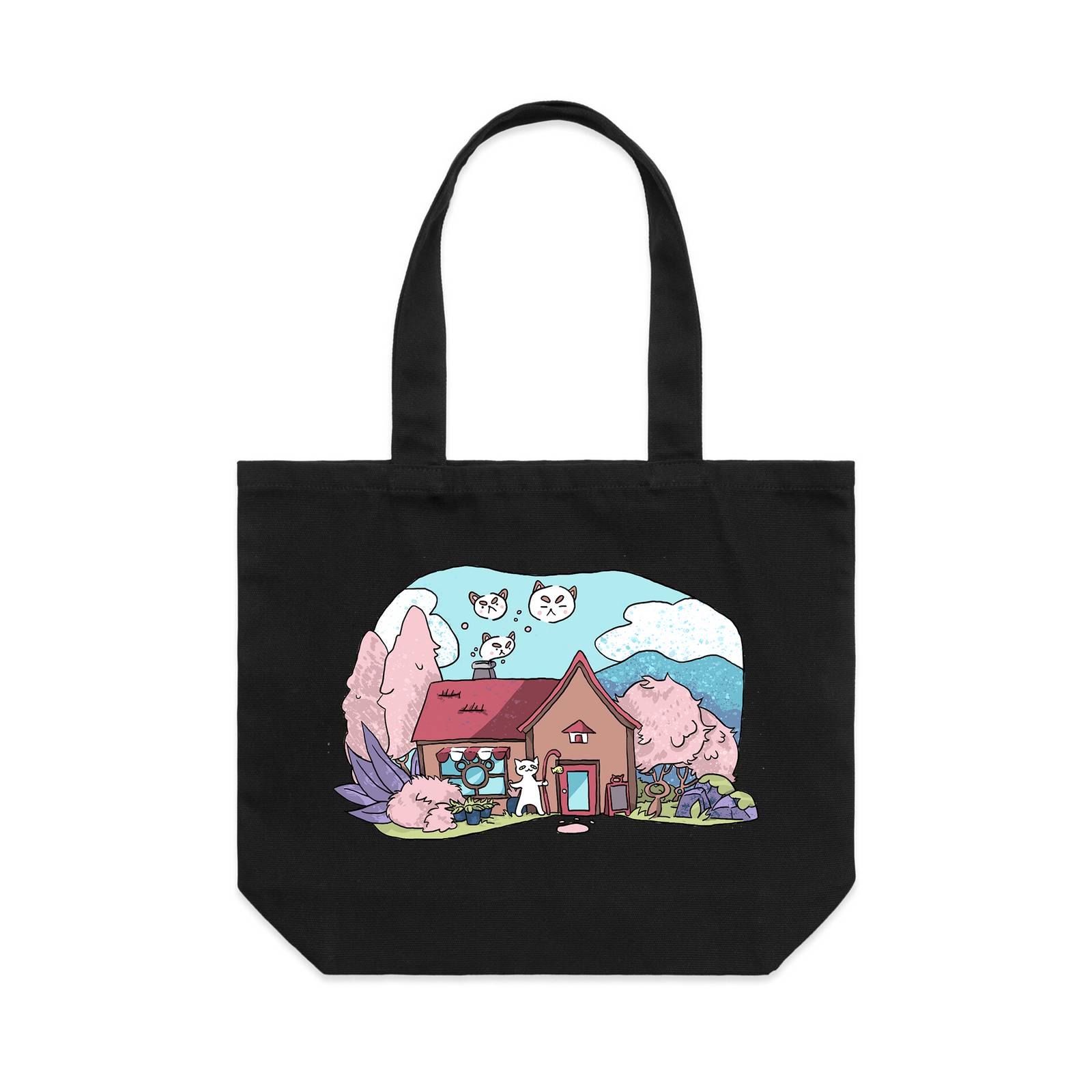 Black shoulder tote with Cat Cafe Tote graphic by Lonely Kids Club