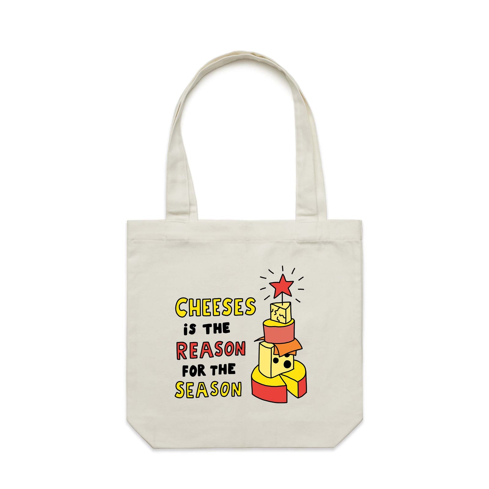 Cream carrie tote with Cheeses Is The Reason Tote graphic by Lonely Kids Club