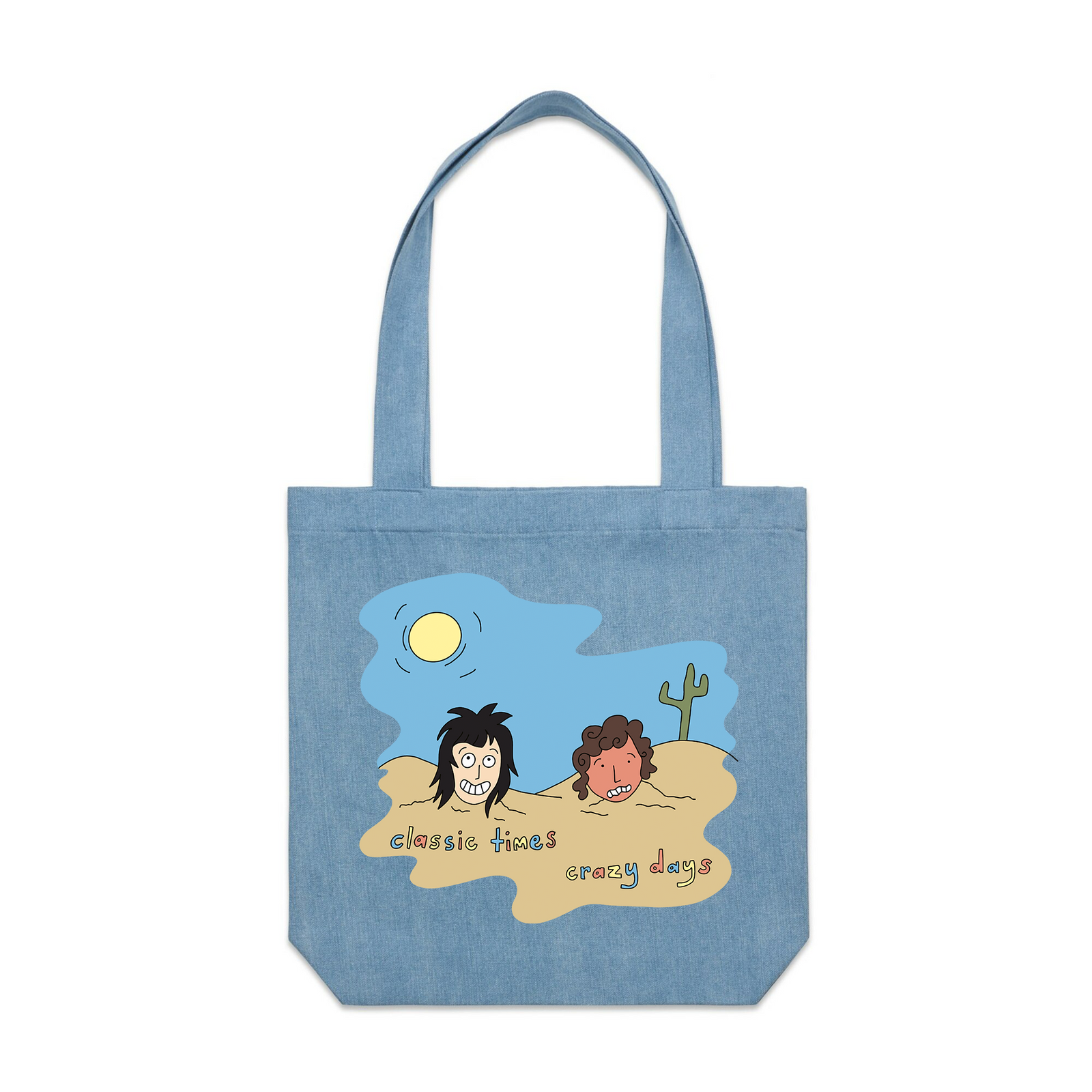 Denim carrie tote with Classic Times, Crazy Days Tote graphic by Lonely Kids Club