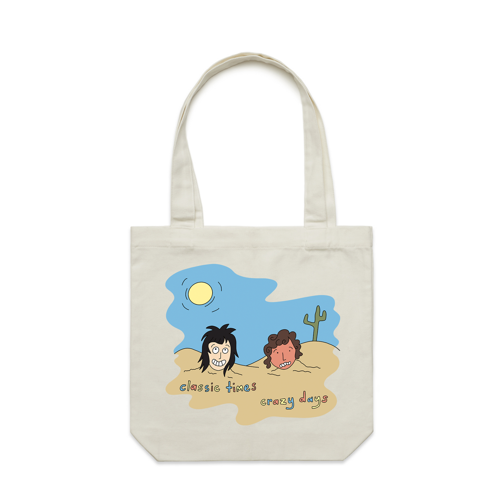 Cream carrie tote with Classic Times, Crazy Days Tote graphic by Lonely Kids Club