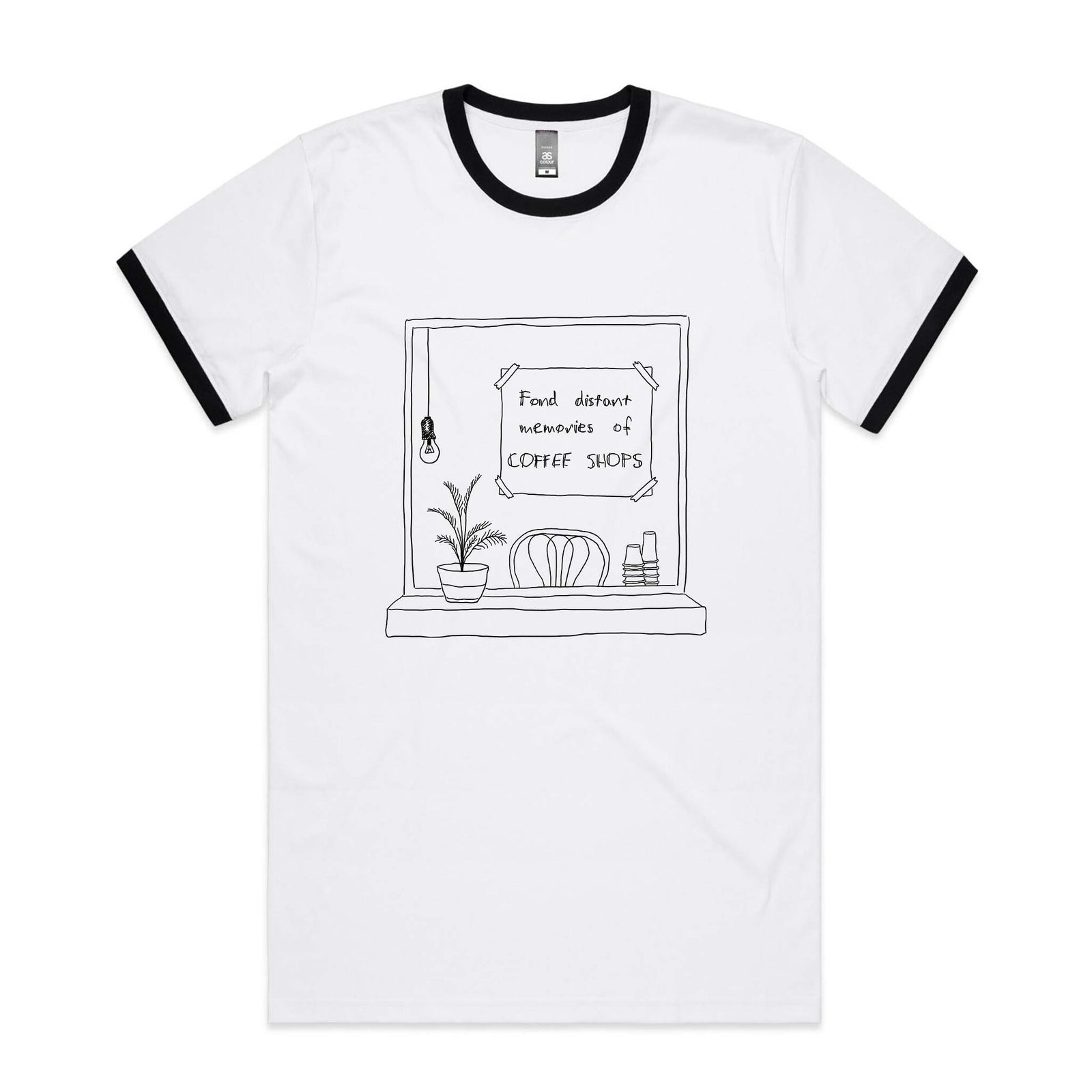 Black/White Ringer unisex t-shirt with Coffee Shops graphic by Lonely Kids Club