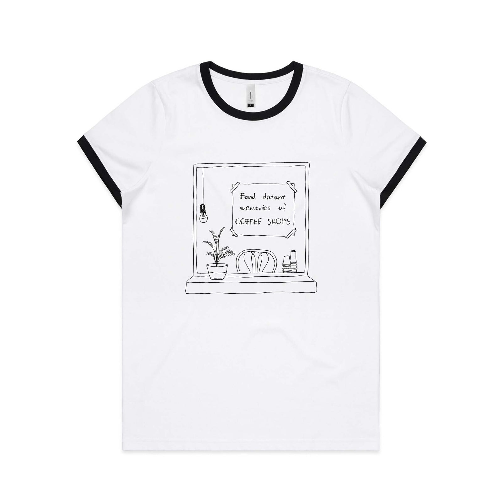 Black/White Ringer fitted womens t-shirt with Coffee Shops graphic by Lonely Kids Club