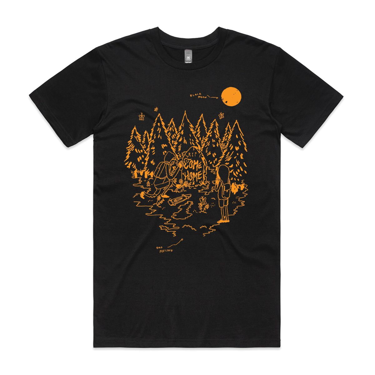 Black unisex t-shirt with Come Home graphic by Lonely Kids Club
