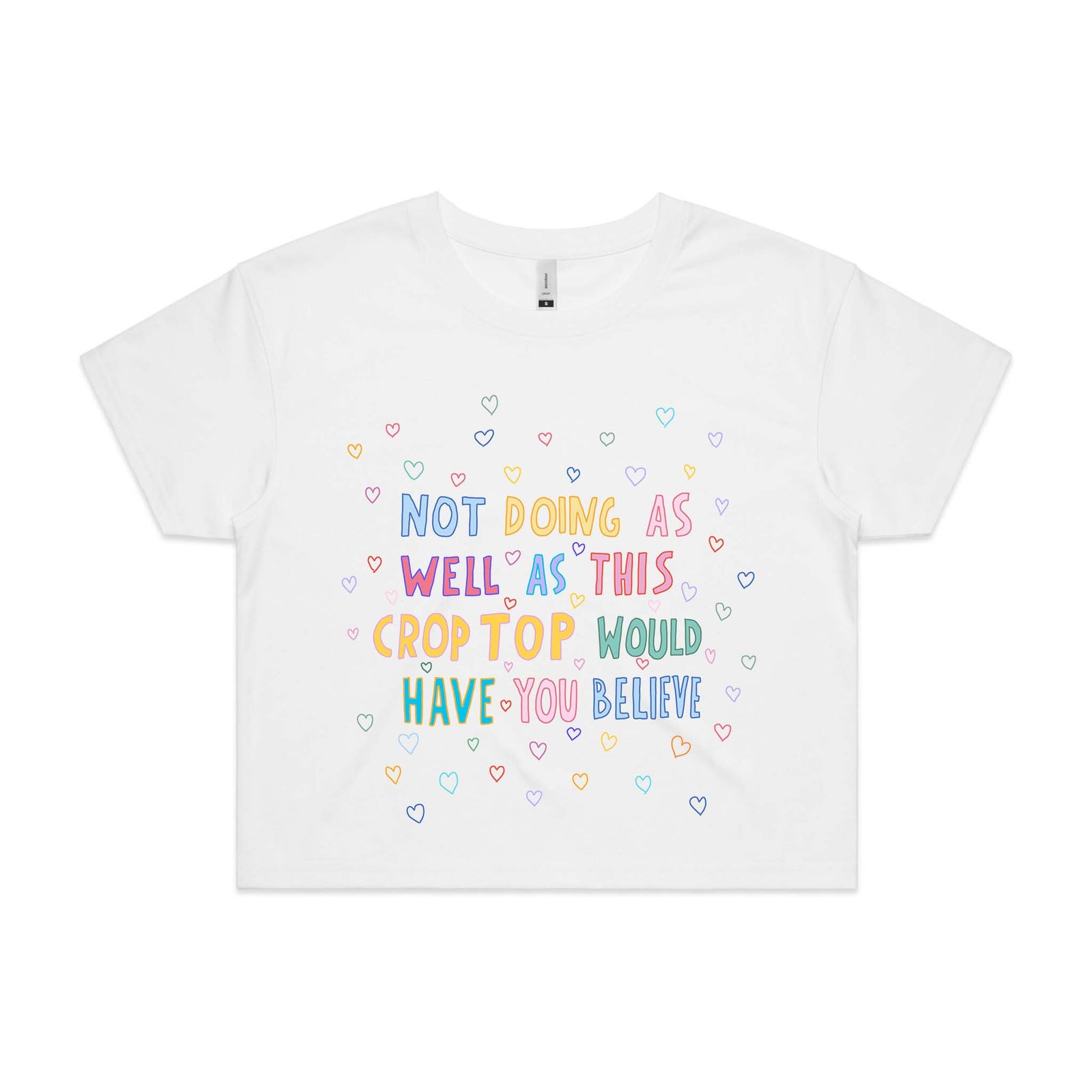 White crop top with Not Doing As Well Crop graphic by Lonely Kids Club