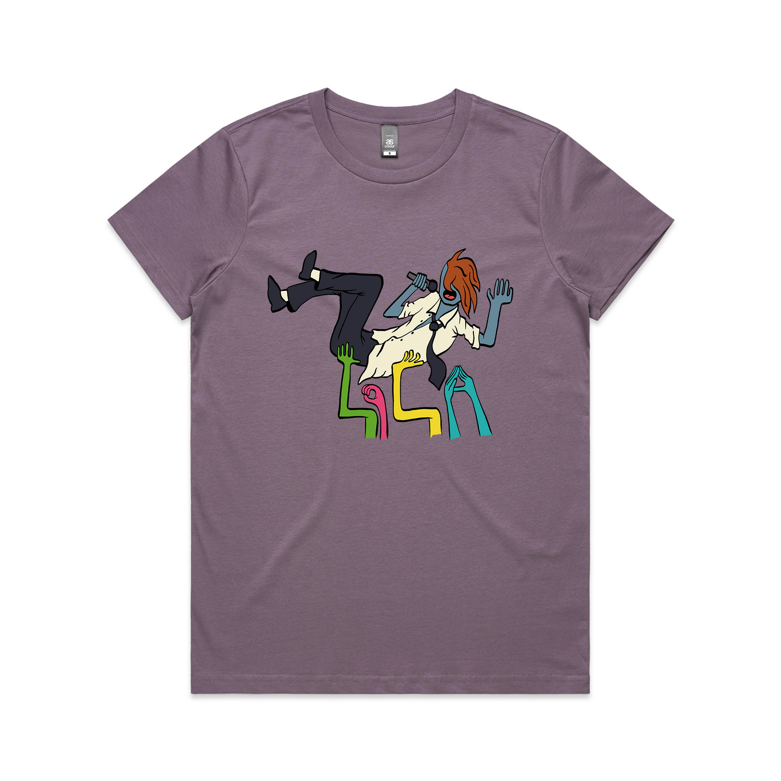 Mauve fitted womens t-shirt with LOLA Crowdsurfer graphic by Lonely Kids Club