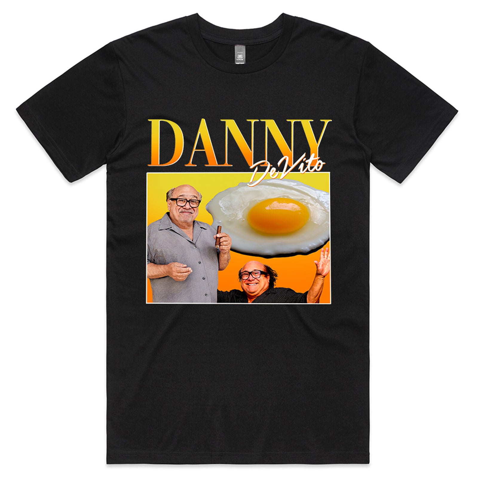 Black unisex t-shirt with a retro Danny DeVito collage, a fried egg, and 'Danny DeVito' text by Lonely Kids Club