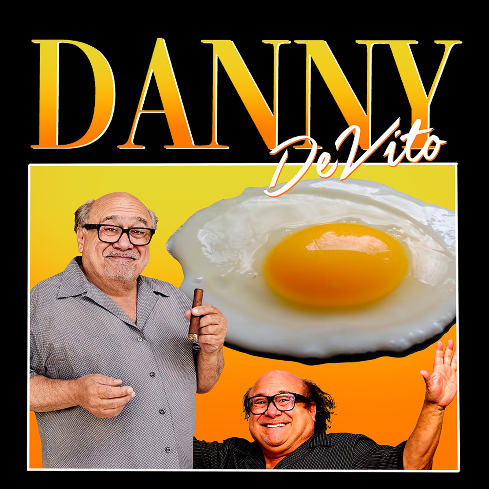 T-shirt with a retro Danny DeVito collage, a fried egg, and 'Danny DeVito' text by Lonely Kids Club