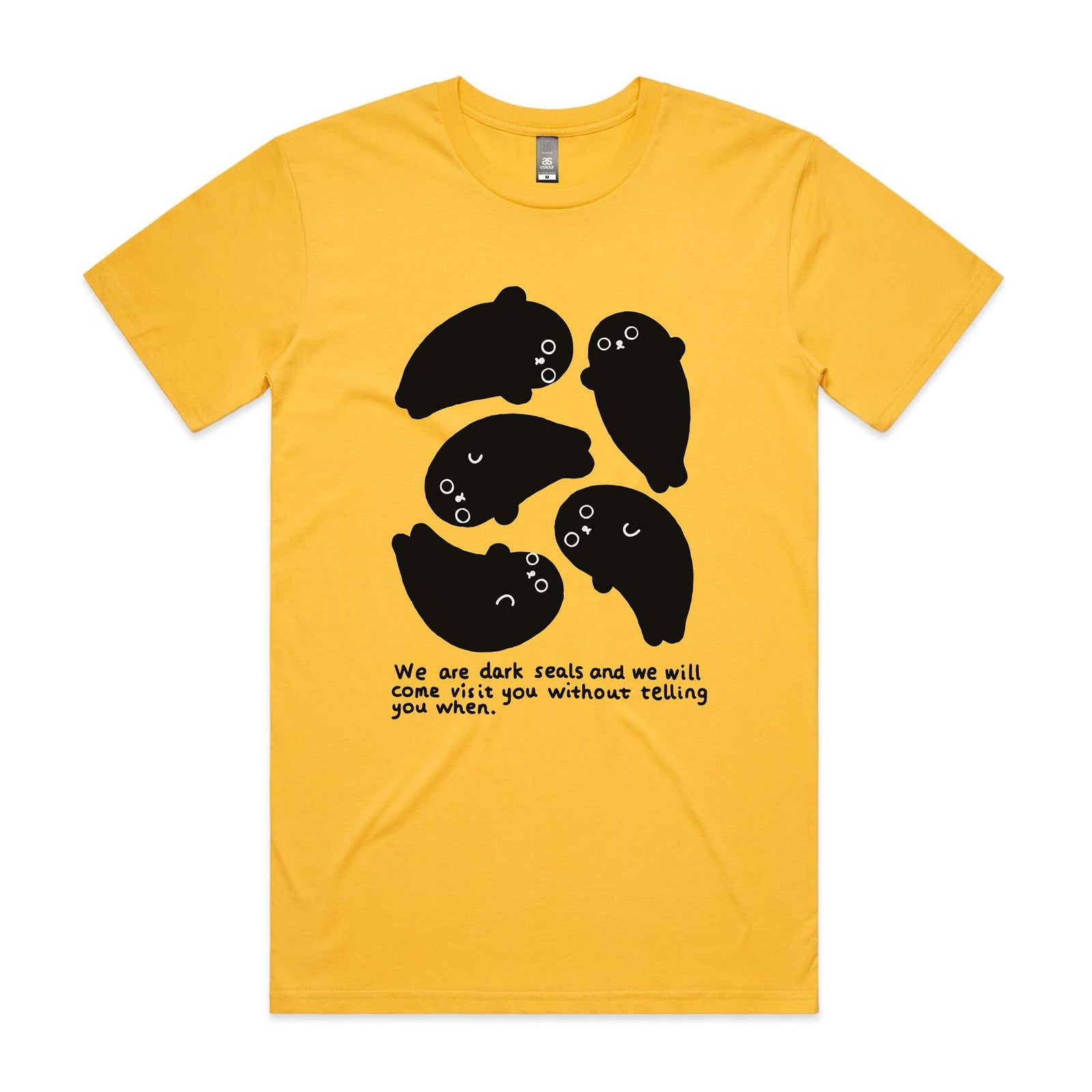 Yellow unisex t-shirt with Dark Seals graphic by Lonely Kids Club