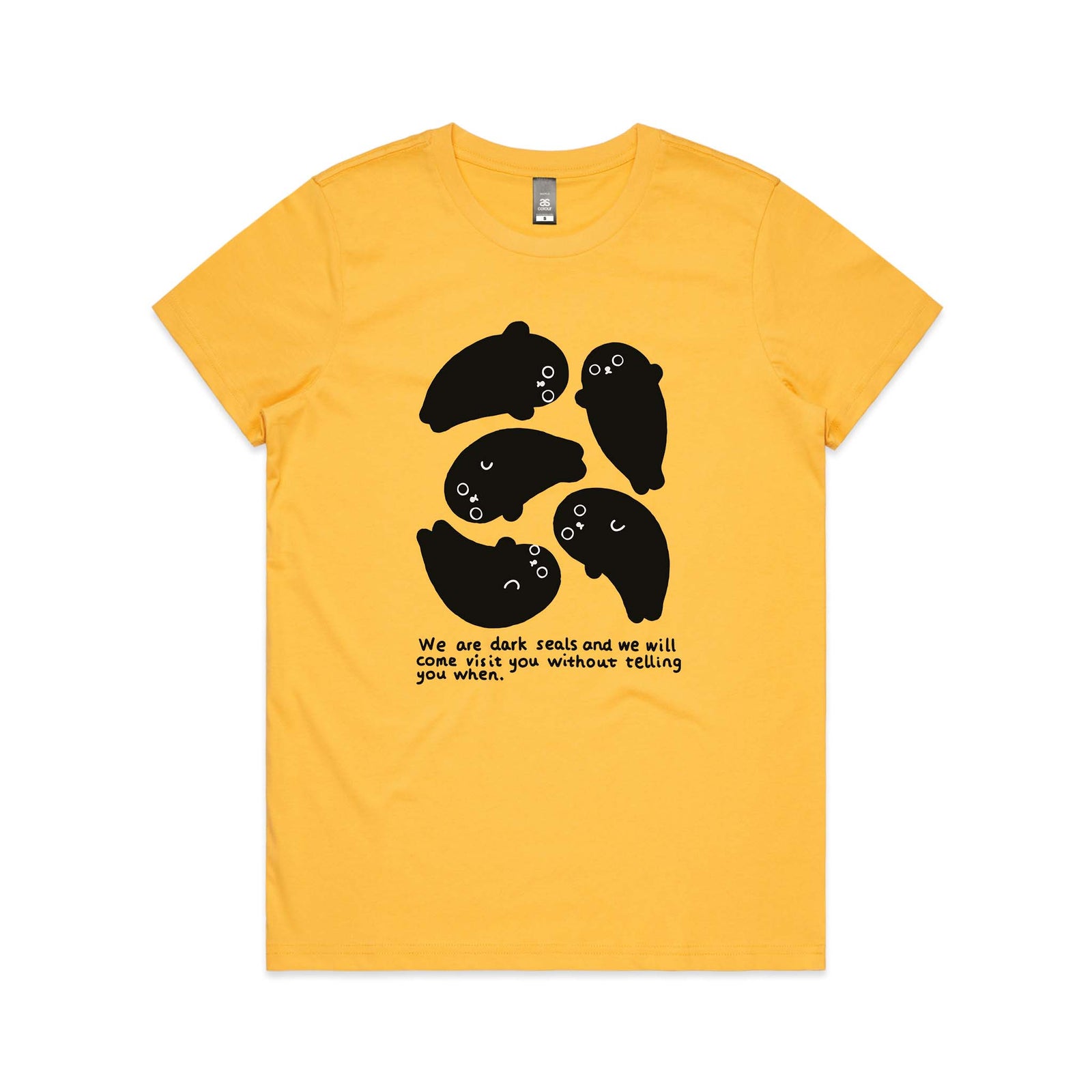 Yellow fitted womens t-shirt with Dark Seals graphic by Lonely Kids Club