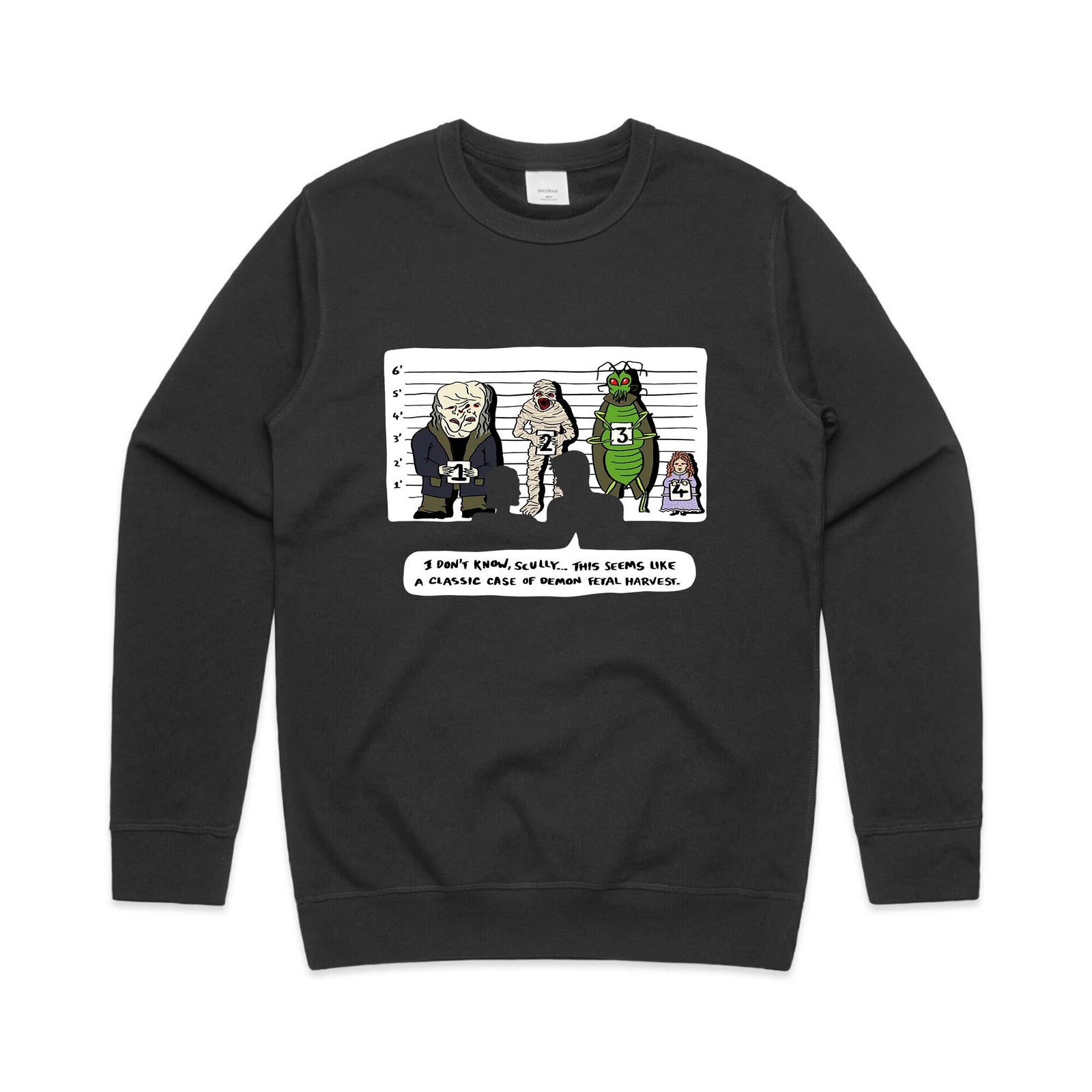 Black regular jumper with Demon Fetal Harvest Jumper graphic by Lonely Kids Club